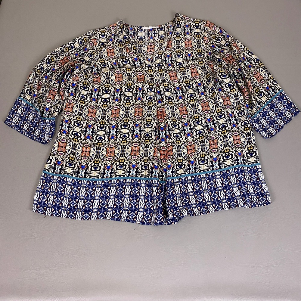 Rose + Olive Tunic Blouse Women's Size 2X Navy Blue Ornate Medallion 3/4 Sleeve